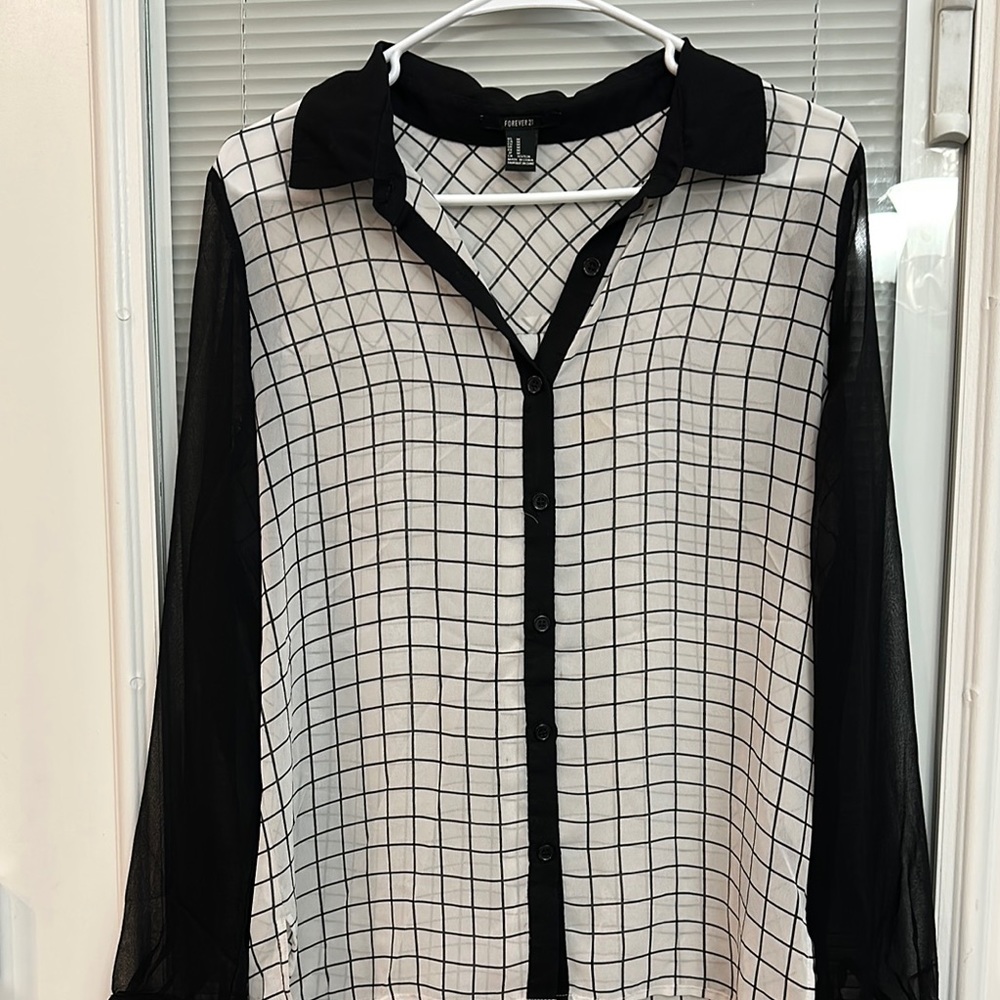 Chic Sheer Grid Pattern Blouse